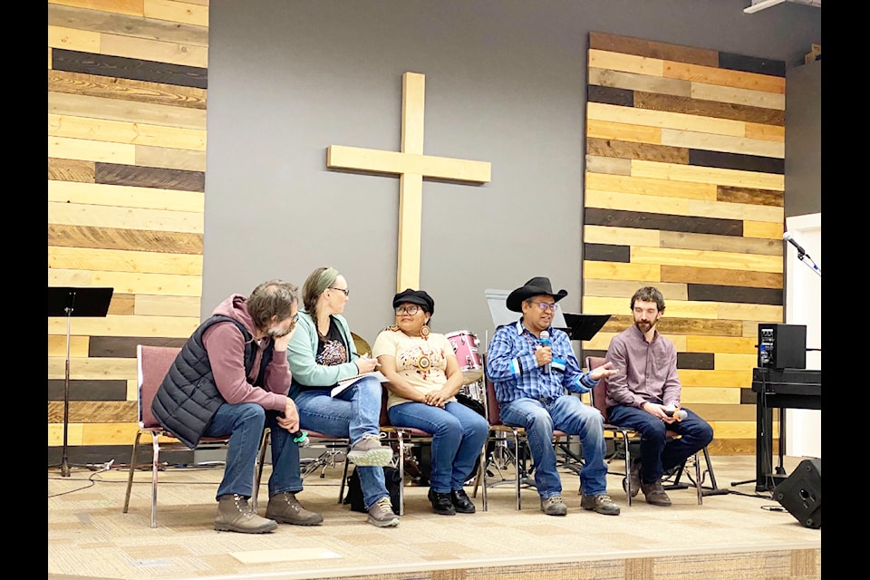A panel took questions and spoke about the Canadian Peruvian film Karuara in Williams Lake on Nov. 12. From left to right: Miguel Araoz, Stephanie Boyd (translating for Miguel and Mariluz), Mariluz Canaquiri Murayari and Chief Roger William.