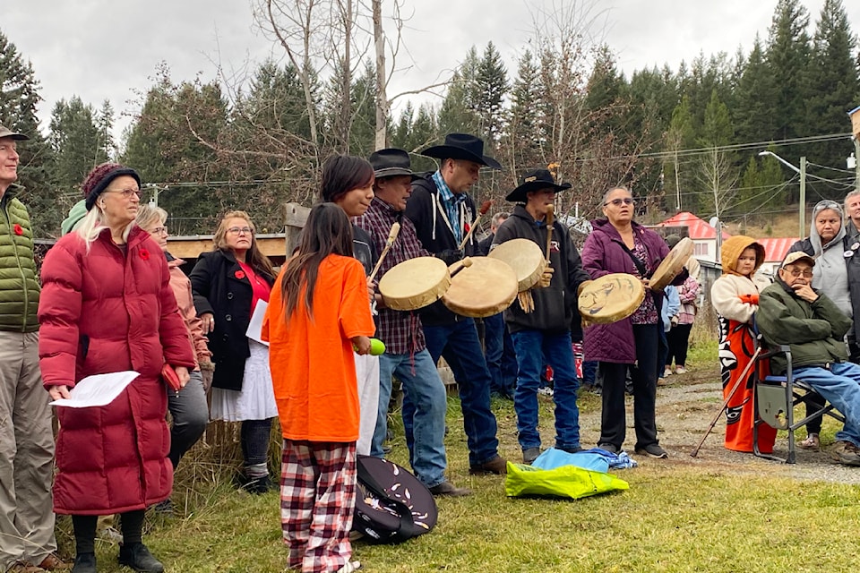 Canim Lake drummers Bluebird Meldrum-Dick, Dakota Boyce, Terry Frank,  Jesse Frank, Owen Peters and Lenore Christopher participate in the Forest Grove Remembrance Day ceremony on Nov. 11, 2024. 