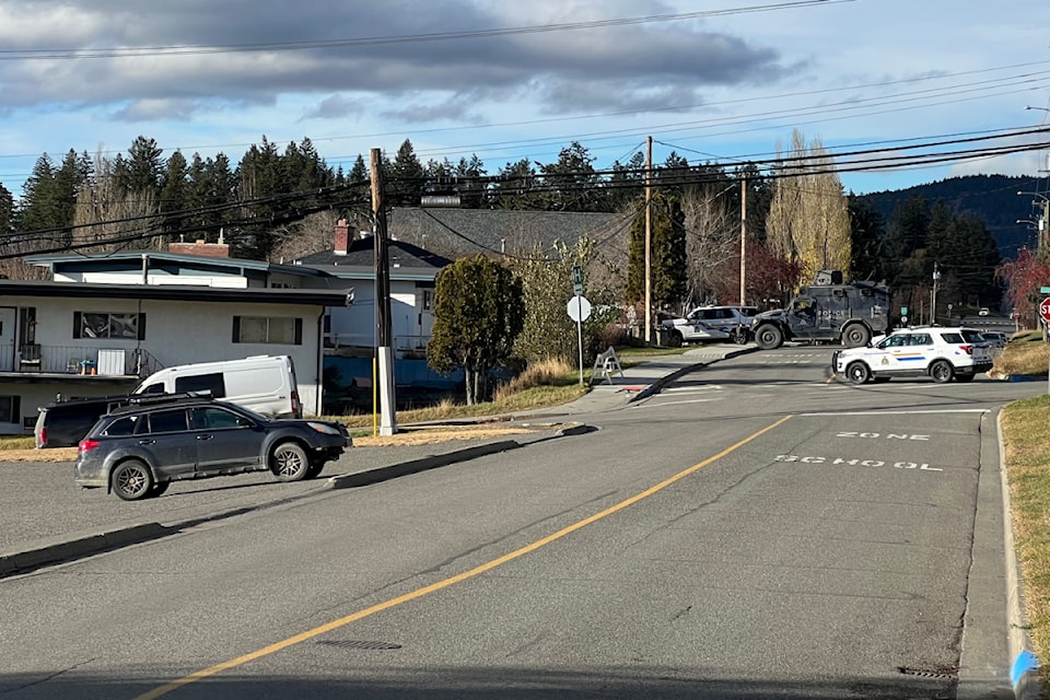 A North District RCMP tactical unit vehicle is on scene in Williams Lake where RCMP have been outside a home on Western Avenue Wednesday, Nov. 13, 2024 for several hours. 