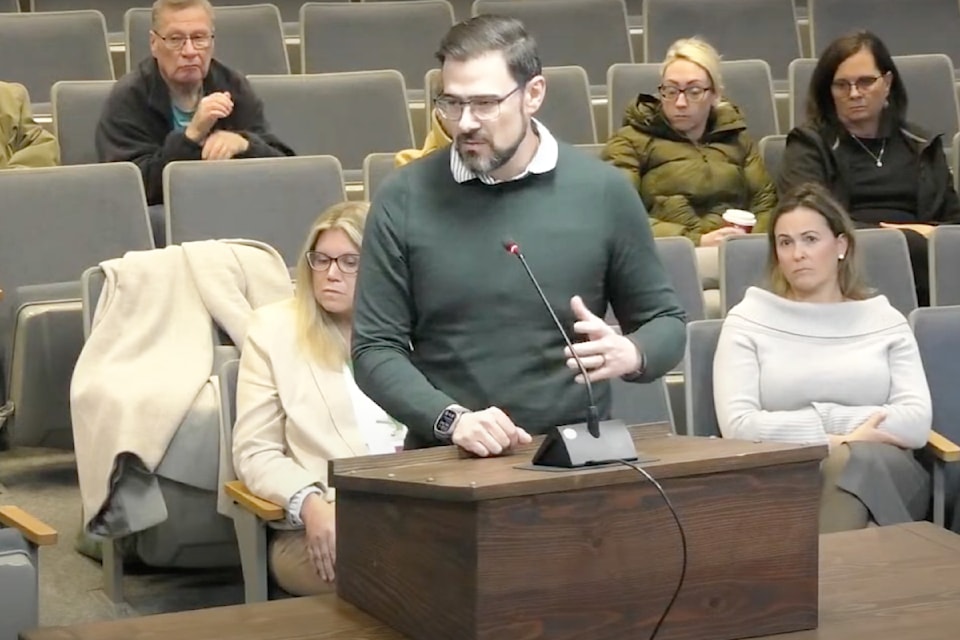 Dr. Jacques Neuhoff, front, centre, and Jill Zirnhelt, front right, present numbers to Williams Lake city council of patients still seeking a primary health care provider.