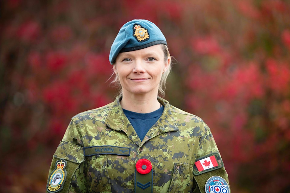 Corporal Jessica McEwen from 406 Maritime Operational Training Squadron at 12 Wing Imaging, Shearwater is posing for an article for her hometown newspaper about Remembrance day at 12 Wing Shearwater, Halifax October 31th, 2024.

