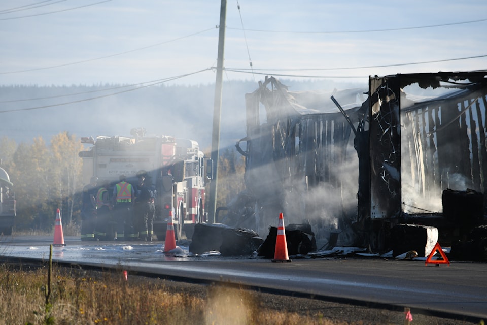 Emergency crews respond to a transport truck fire Friday, Oct. 11 45 km south of Quesnel. 