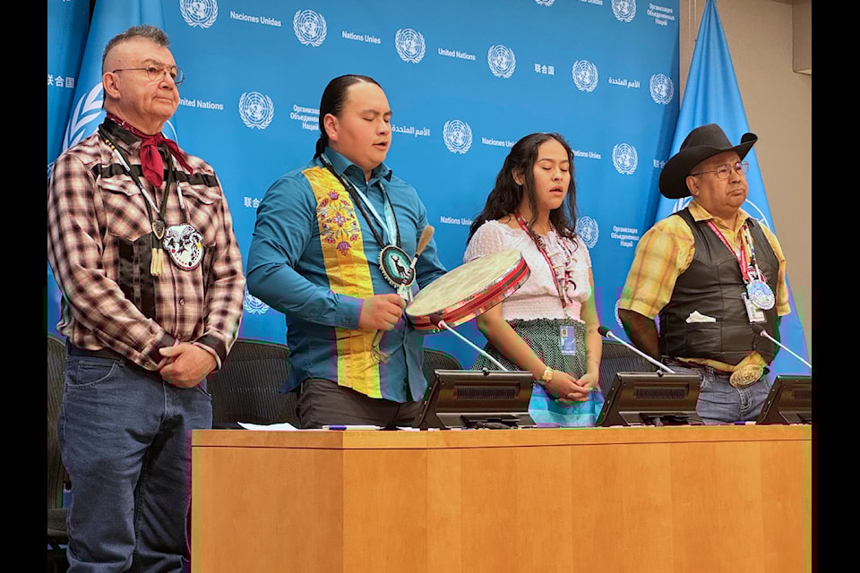 Nits'ilʔin of Tl’esqox Francis Laceese, youth ambassadors Dakota Diablo and Sierra William and Nits'ilʔin of Xeni Gwet’in Roger William spoke at the United Nations Permanent Forum for Indigenous Peoples in New York on Aril 24, 2025.
