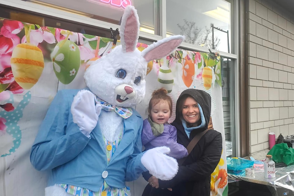 Jolene Rivet and her daughter Reya visit with the Easter Bunny at the Easter Festival Sunday, April 20 in downtown Williams Lake. 