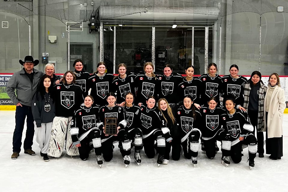 The U18 Female Timberwolves team are all smiles after winning both match-ups Feb. 15 and 16 against their Prince George rivals to earn a spot in the BC Championships in March.
Pictured are: Head coach Rick Skerry (back row from left), Danika Solomon, goalie Kaitlyn Brown, team manager Mat Sherlock Aileisha King, Emma Koster, Kali Matter, Ainsley McKinnon, Grace Porter, Ariya Diablo, Anna Fait, assistant captain Izzy Smith Forzzani, Seianna Harry, assistant coach Dylan Passeri, Reese Escott (front row from left), team caption Calleigh Skerry, assistant captain Sofie Passeri, Alexis Sherlock, Sasha Fofonoff, Aya Katsura, Keira Shewchuk 
 and Adelynn Irawan. 