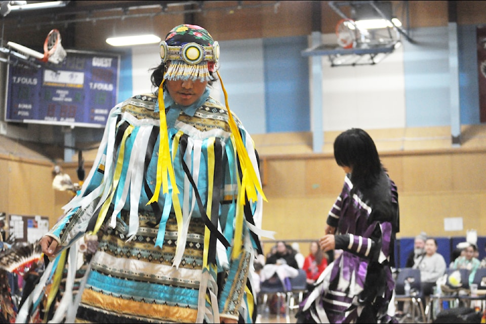 Lake City Secondary student Treval Larue dances at the 2025 Thomas-Dueck powwow in Williams Lake. 
