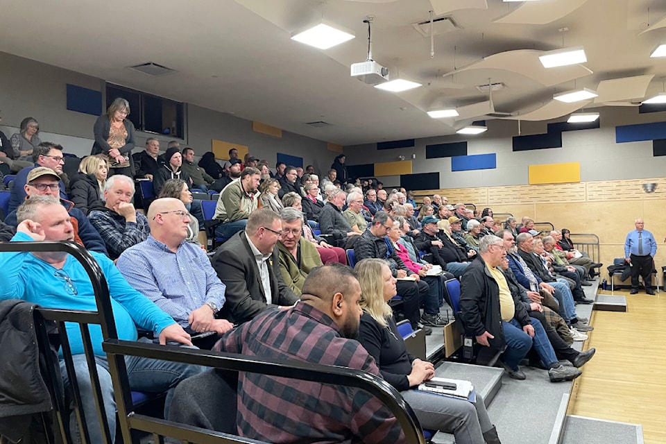 Residents pack the town hall meeting Jan. 9 at Nechako Valley Secondary School hosted by District of Vanderhoof mayor and council. Minister of Forests Ravi Parmar joined the meeting and is sitting in the forefront. 