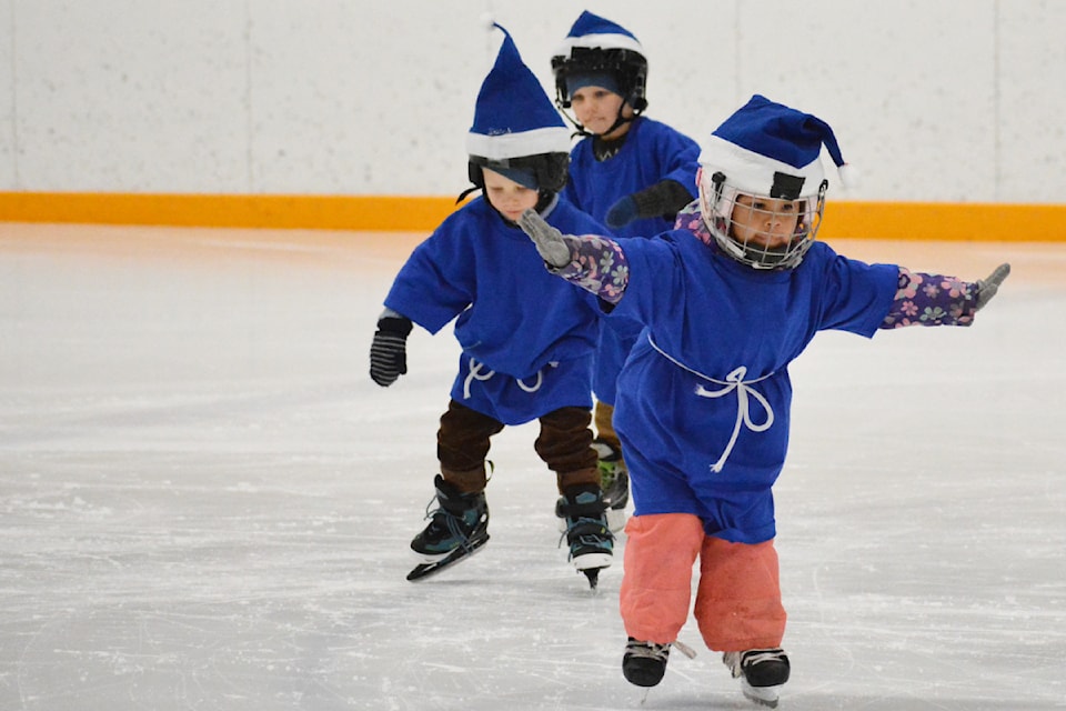 Celina Alphonse, Loke Perrson and Thor Perrson are part of the Canskate Elf Group at the Williams Lake Skating Club Winter Showcase Dec. 19, 2024. 