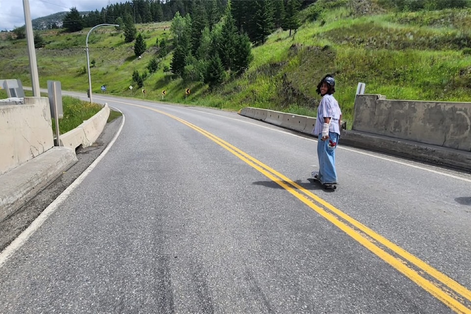 Blayz Bingham of Tsideldel First Nation skates his way on the horse and bike trip to the Williams Lake Stampede. 