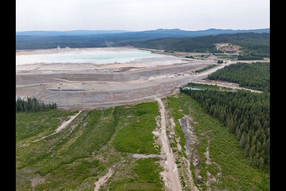 A drone shot of the Mount Polley Mine tailings impoundment from a  in June 2025. 