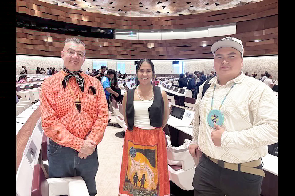 Nits’ilʔin Francis Laceese with youth ambassadors Sierra William and Dakota Diablo attended the United Nations' 18th session for the Expert Mechanism on the Rights of Indigenous Peoples. 