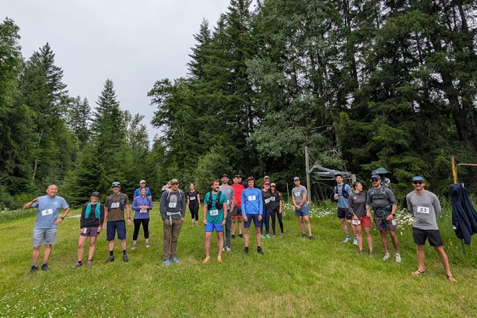 Participants gather at the starting line for the inaugural Clearwheezin' Backyard Style Ultra held at the Clearwater Ski Hill on Sunday, June 22, 2025 attracted 24 participants. 