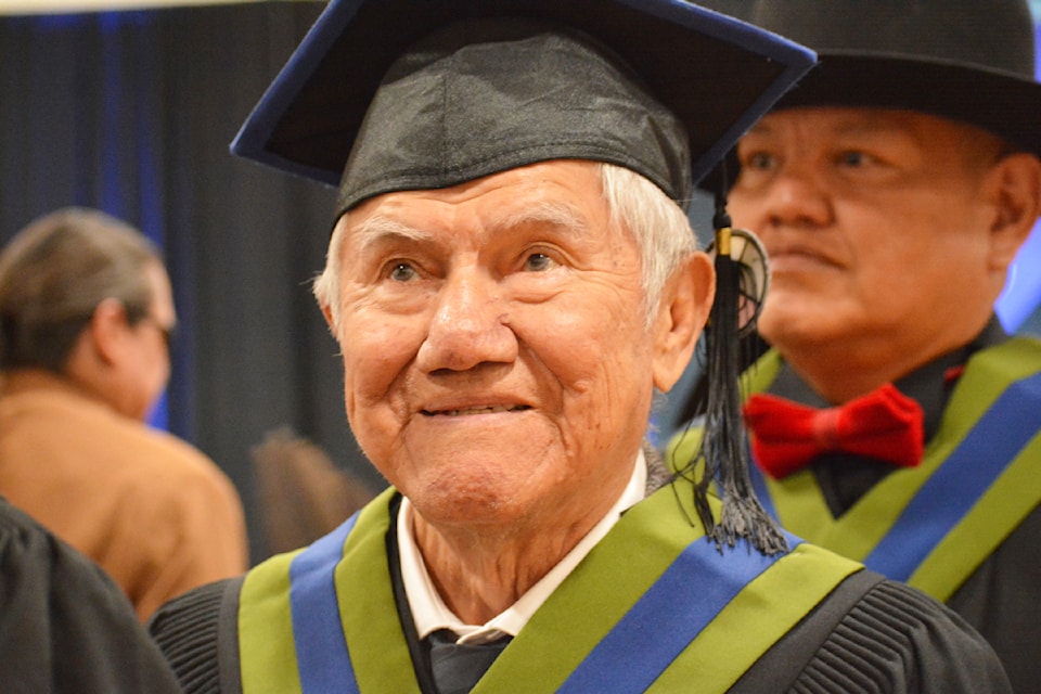 David Belleau, 82, attends his commencement at Thompson Rivers University Williams Lake on Friday, May 30. 
