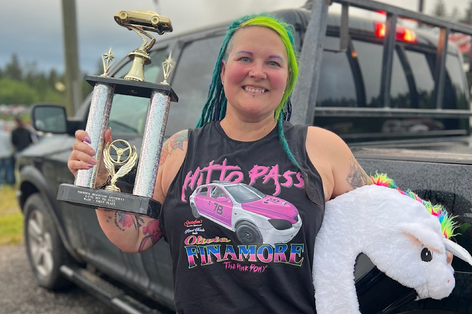 Olivia Finamore was savouring sweet victory after winning the Mini size main race at the June 27, 2025 Hit to Pass event at Thunder Mountain Speedway.