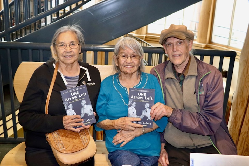 Cecilia Dick-DeRose, centre, with help from Sage Birchwater, right, has written a book about her life. Here De Rose's good friend Jean William joins them for a photo op at the Tourism Discovery Centre Museum of the Cariboo Chilcotin during the recent BC Historical Federation Conference held May 1 to 4, 2025. 