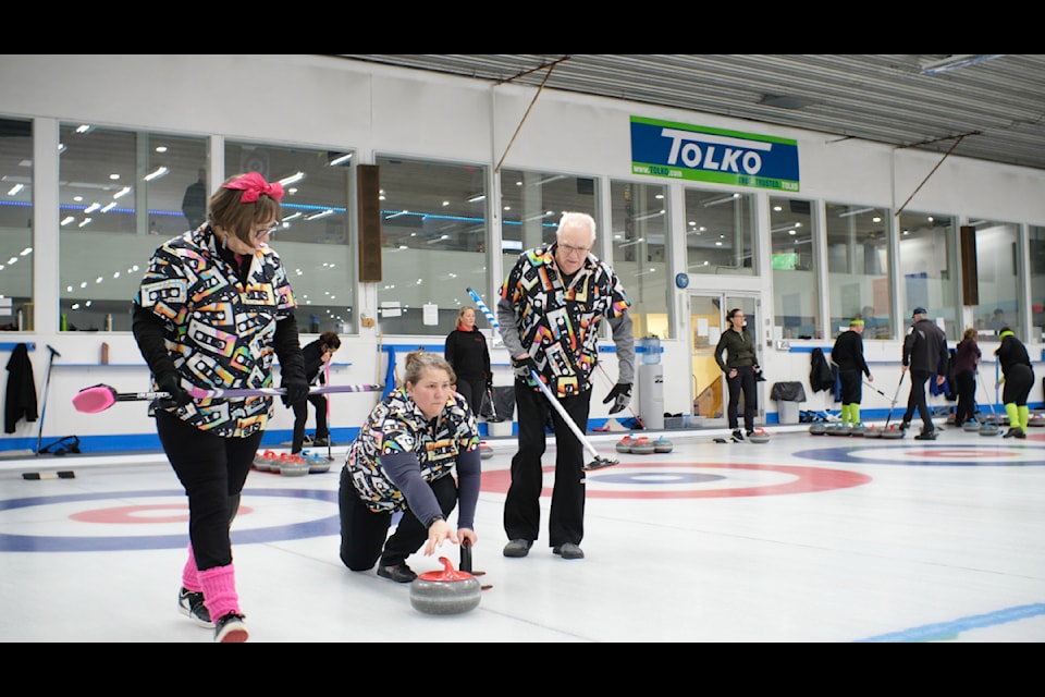 From left to right: Betty Dryden, Jenn Routtu and John Dryden attend the 2025 Williams Lake Curling Club Mixed Bonspiel in style. 