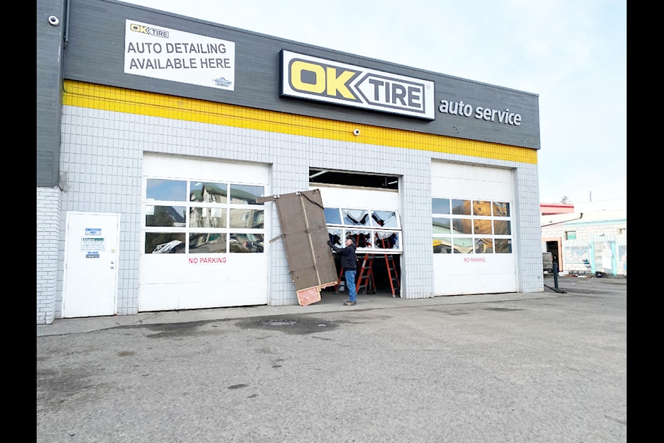 A vehicle was stolen in the night from an Ok Tire shop in Williams Lake on March 11, smashing through a bay door.