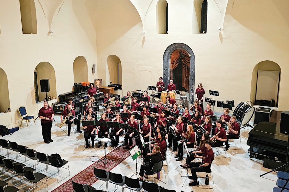 LCSS touring band prepares on stage before a concert in Nafplio, Greece, on March 17.
