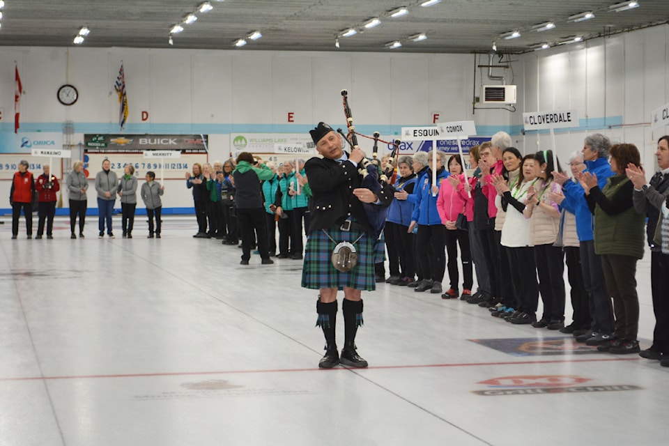 Aubrey Jackson pipes in the Nifty Fifty Ladies Bonspiel in Williams Lake during the opening ceremony Monday, March 17, 2025. 