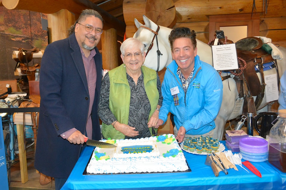 Acting Mayor Michael Moses, long-time resident Reta Seibert and city councillor Scott Nelson cut the cake for the city's 96th birthday of incorporation tea held at the Museum of the Cariboo Chilcotin Friday, March 14, 2025. 
