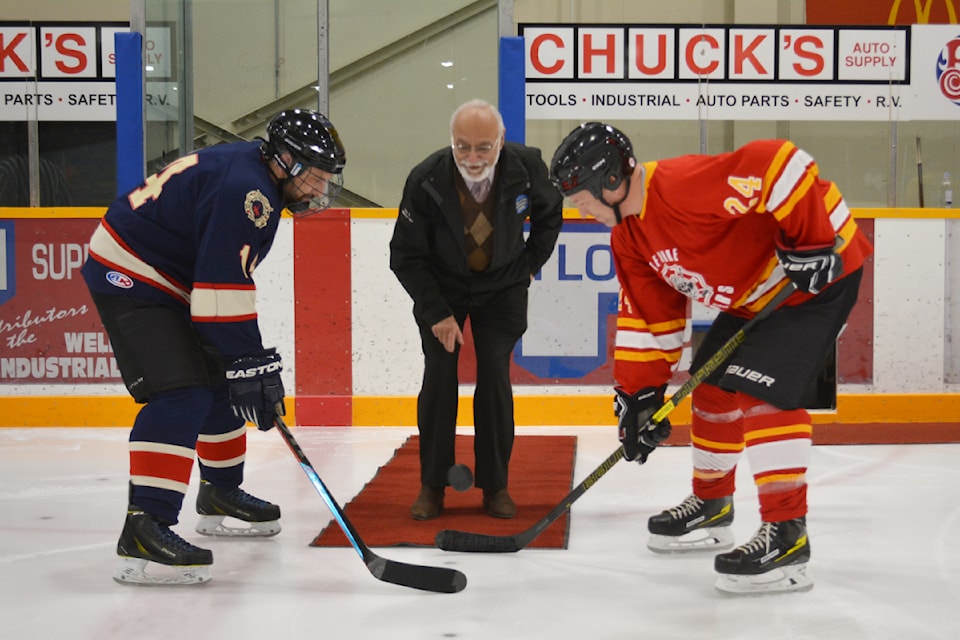 Mayor Surinderpal Rathor conducts the ceremonial puck drop for the Guns and Hoses Charity Game in Williams Lake Friday, March 21, 2025. 
