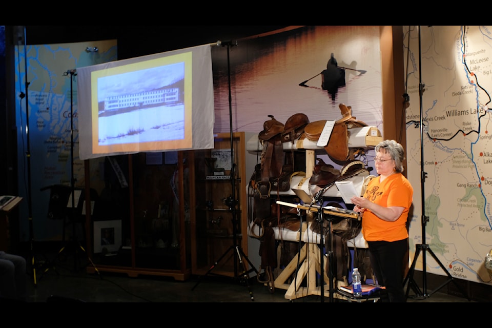 Phyllis Webstad reads from her book Beyond the Orange Shirt Story during her keynote speech at the BC Historical Federation annual conference in Williams Lake. 