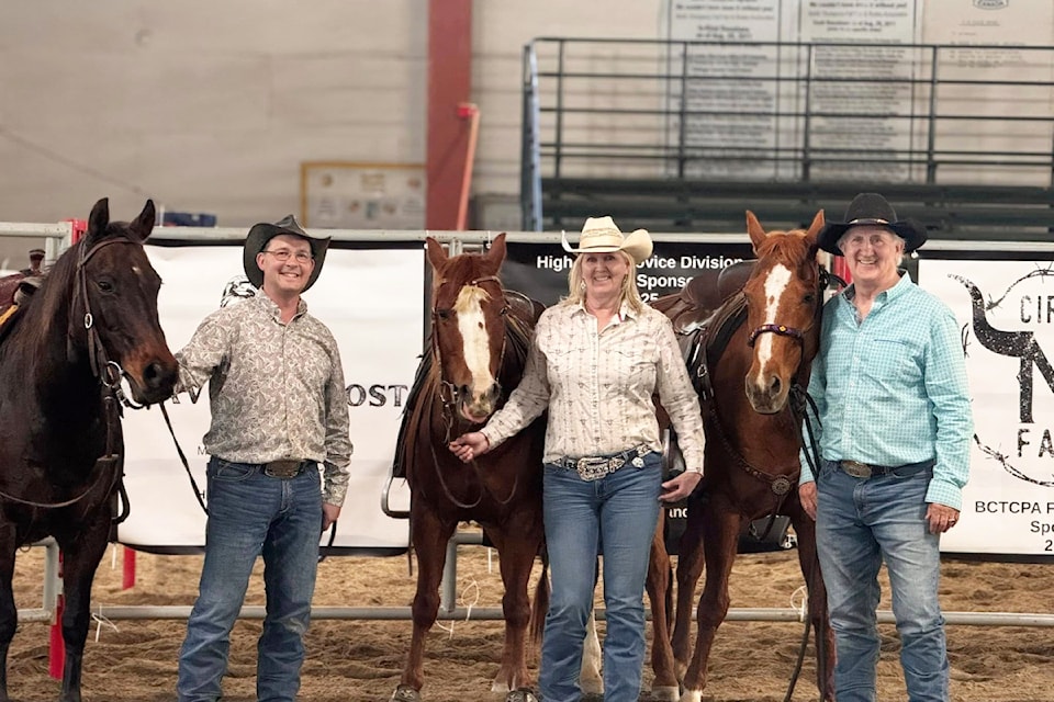 7 Champions team division winners Clint Dahl, Prince George, left, Sherry Siqouin and Clint Siqouin of Heffley Creek at the B.C. Team Cattle Penning Association competition in Barriere. 