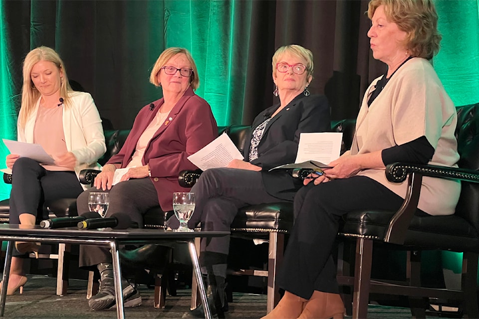 A local government panel at NorthCAN forum facilitated by Felicia Magee, from left, with Cariboo Regional District Chair Margot Wagner, Mackenzie Mayor Joan Atkinson, and Smithers Mayor Gladys Atrill.