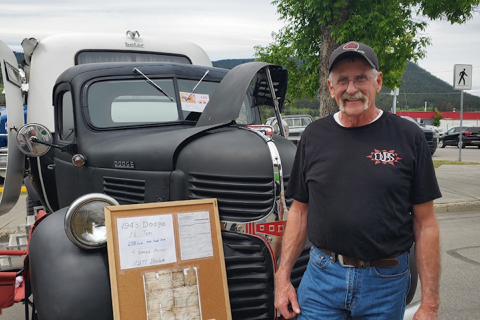 Ross Curry of Lac La Hache with his 1943 Dodge and Boler during the Lakers Car Club Spring Roundup and Show and Shine Sunday, May 25, 2025. 