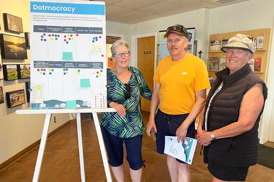 Brenda Bourdon, Kevin Bourdon and Cindy Watt stop in at city hall on April 24 to give input on the new official community plan.