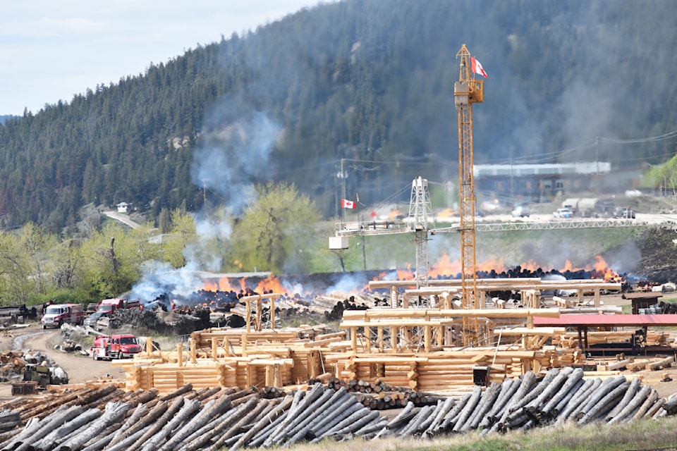Pioneer Log Homes construction yard at Williams Lake First Nation is on fire on May 5, 2025.