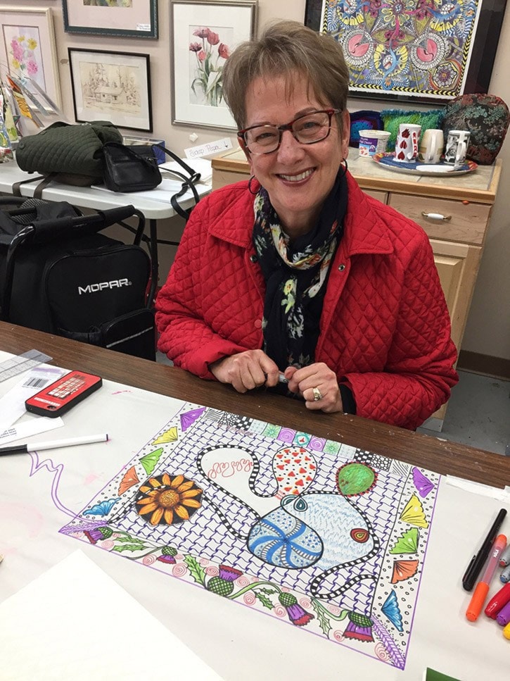 Anne Brown with her zentangle doodle almost completed.