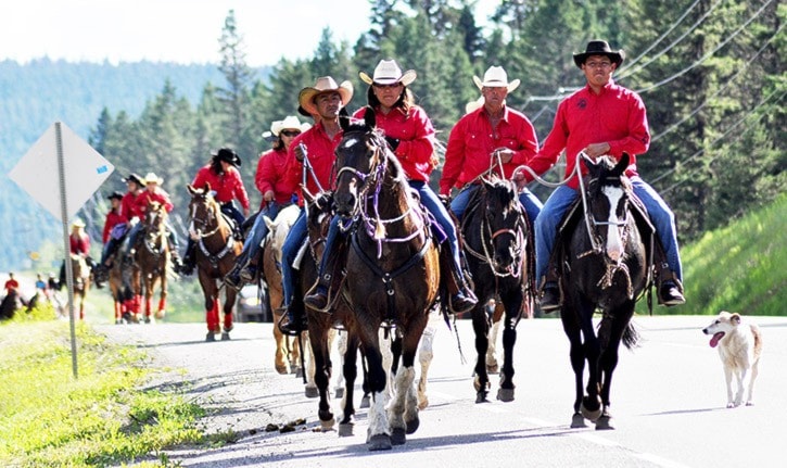 Tl’etinqox (Anaham) Horse and Bike Riders make their way to the RC Cotton site Thursday just prior to the 89th Annual Williams Lake Stampede. This year marked the 13th annual horse and bike ride from Anaham to Williams Lake.