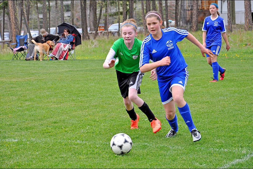 Williams Lake Storm under-13 player Madigan Riplinger drives to the net versus Prince George Sunday during Cariboo Youth Soccer League play.
