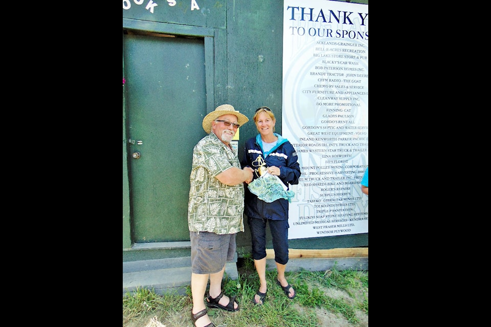 Marianne Woods photos Lisa Martin accepts her first-place prize from Bee Hooker, the president of the Big Lake Community Association, for her 2.7-pound catch at the Big Lake Fishing Derby during the weekend.