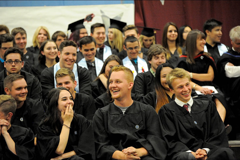 The Lake City Secondary School graduating class have some laughs at Friday evening’s grad ceremonies which took place at the Cariboo Memorial Recreation Complex. (Angie Mindus photos)