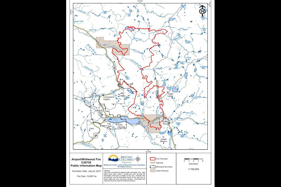 BC Wildfire Image. The Wildwood Williams Lake Airport wildfire stretches from 150 Mile House in the south to Forest Lake in the north and includes the community of Deep Creek where several First Nations stayed to protect homes from approaching wildfires.