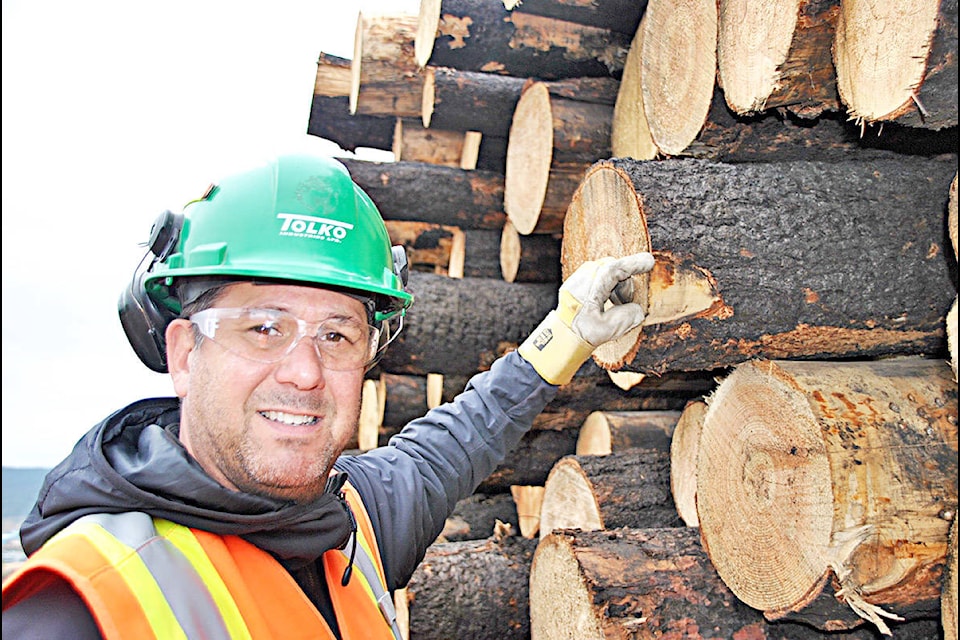 Gaeil Farrar photo Mike Rife Tolko’s regional log-yard supervisor shows how the bark of Douglas Fir trees is thicker than other varieties of trees which makes them better able to withstand the ravages of wildfires. These burned logs come from the fire guards built in the region this summer to stop the spread of the wildfires. The badly burned trees still standing in forests after the wildfires this summer will only be viable for milling for about two years.