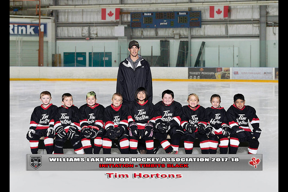 Initiation Timbits Black: Head coach Lee Williston (back), Rylan Buick (front from left), Gavin Francis, Xander Goertz, Ty Williston, Electra Cahoose, Kalen Surette, Mathias Goodrich, Halle Overton and Abdullah Marhoon. Missing from photo: assistant coach Gerald Overton, assistant coach Tyrel Lucas and Kayla Lucas (safety).