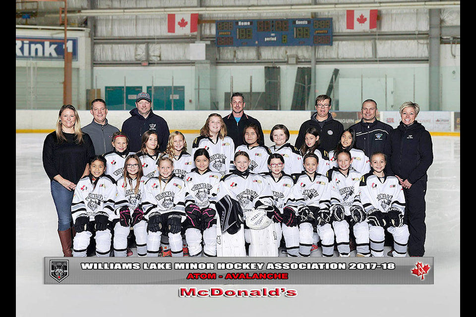 Atom Avalanche: Coaches/managers (left to right) Chantelle Cheek, Jay Cheek, Rick Skerry, Tyler Perry, Paul Chabot, Lindsey Wood (head coach) and Dani Wood. Players (back row, left) Johana Ketter, Madeleine Heal, Paige Cheek, Emma Koster, Danika Solomon, Katie Halladay, Isabella Smith Forzzani, Devony Michel, Neen Suapa (front row, left), Tessa Chabot, Jada Wood, Brinley Pawluk, Kaitlyn Brown, Calleigh Skerry, Poppy Watson, Anna Fait and Reese Overton. Missing: Maia Prest and on-ice volunteers Bronwyn Pocock and Rachel Loewen.