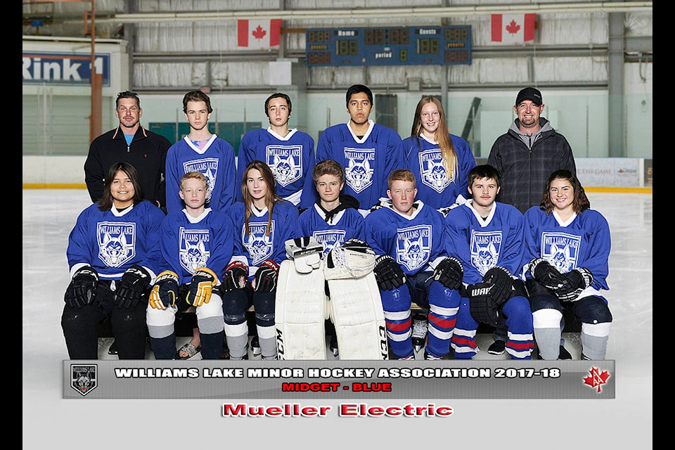 Midget Blue: Head coach Tyler Perry (back from left), Pacey Boomer, Austin Shull, Brody Gilbert-Nelson, Jessica Rowley, assistant coach Drew Story, Alicia William (front from left), Jaedyn Shortreed, Karena Sokolan, Nikolas Szekely, Aidan Herrling, Dylan Higginson and Gabrielle Pierce. Missing from photo: Ryan Arnold, Sage Pootlass, Daisy Perry, Cameron Prest, Tanner Weetman, Cheryl Pflanz (safety), Lindsay Story (safety) and team manager Theresa Herrling.