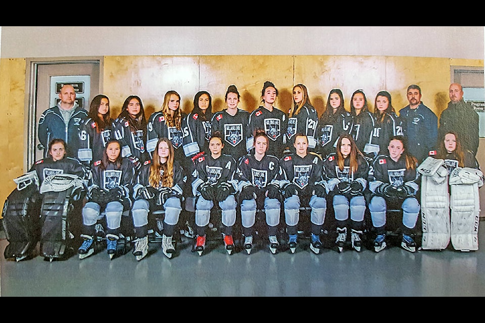 Williams Lake Bantam Female Timberwolves: Assistant coach Shane Vermeulen (back from left), Ariel Billyboy, Bobby Gilbert, Alexee Gustafson, Tianna Gilbert, Kathleen Sharman, Danielle O’Hara, Kendra Parent, Madigan Riplinger, Gabriela Smith Forzanni, Rachel Loewen, coach Steve O’Hara, assistant coach Randy Riplinger, Karmyn Fisher (front from left), Jazmin Guichon, Rachel Kennedy, Keira Vermeulen, Dylan Passeri, Jadyn Monical, Hannah Chestnut, Shayne Sutton, Cadence Petitclerc-Crosby.