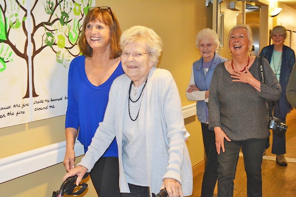 Ruth Lord arrives for her 100th birthday celebration at Williams Lake Seniors Village, accompanied by her daughter Heather Long from Creston B.C., long-time friends Krista Liebe, (right) Tillie Knowles, and Seniors Village resident Donna Gill. Monica Lamb-Yorski photos