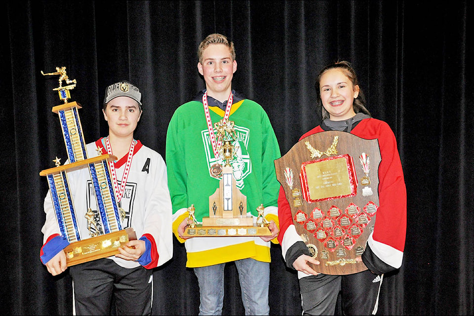 Greg Sabatino and Angie Mindus photos Williams Lake Bantam House divisional awards went to Williams Lake White’s Ethan Smid (from left) for most valuable, Williams Lake Green’s Ruan Koster for most sportsmanlike and Williams Lake Red’s Brooklyn Carriere for most improved.