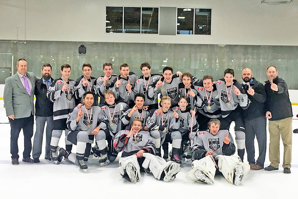 The Williams Lake Midget Timberwolves played to a gold medal during the weekend after going unbeaten at a tournament in Vernon. The T-wolves defeated Trail in the championship, 5-2. (Photo submitted)