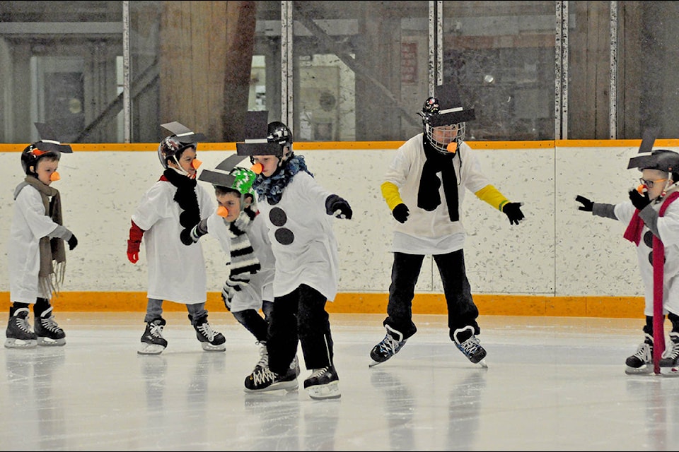 Greg Sabatino photos The snowmen: Linden Moore (from left), Jericho Murphy-Lulua ,Thomas Luscombe ,Derek Sterne, Jaky Dong and Max Roe skate much to the delight of the crowd in attendance at the Williams Lake Skating Club’s Winter Showcase.