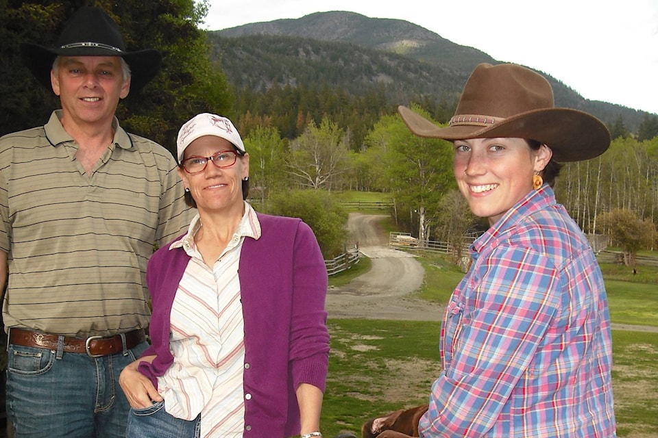 Rudy Vermeer (from left) and Connie Bracewell are the proprietors of the Homathko River Inn B&B in Tatlayoko — part of the historic Circle X Ranch, while Connie’s daughter, Bobidaia Bracewell, is the horse wrangler and trainer. Sage Birchwater photos