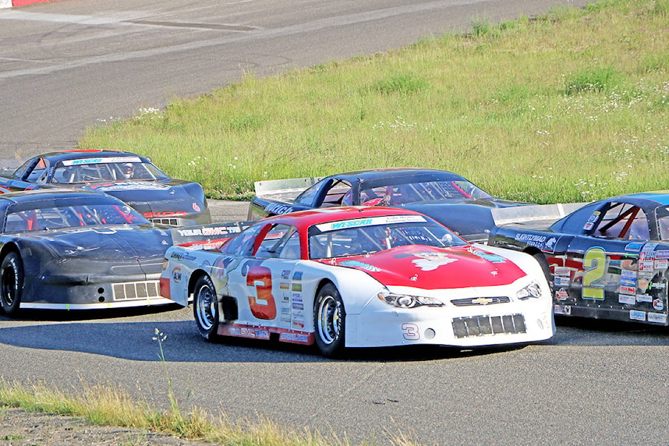 Williams Lake’s Donny Kunka (No. 3 car) races in the Wescar Late Model Touring Series Stop in the lakecity Saturday night at Thunder Mountain Speedway. Kunka would finish fourth in the main event and, overall, said he was pleased with his driving. (Patrick Davies photos)