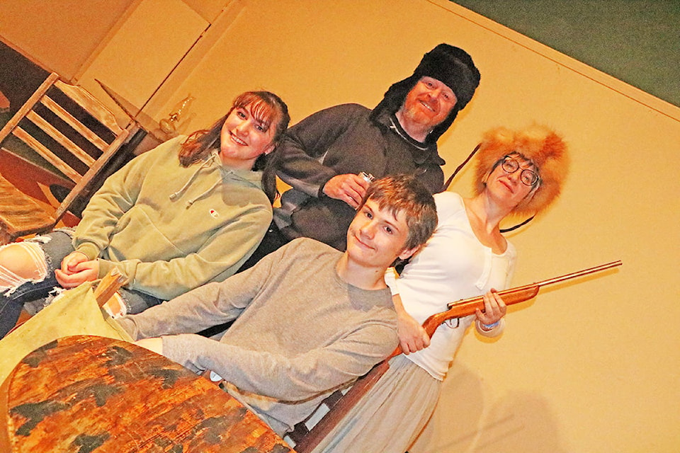The cast of Cariboo Magi is William Wallace (back from left) who plays the drunken Anglican minister William, Kathy MacDonald as the fiery saloon keeper Fanny, Bailey Hutton (front from left) as former child actress and expectant mother Marta and Gavin McKimm as the hopelessly romantic and fake last of the Mohicans Mackey. Patrick Davies photo.