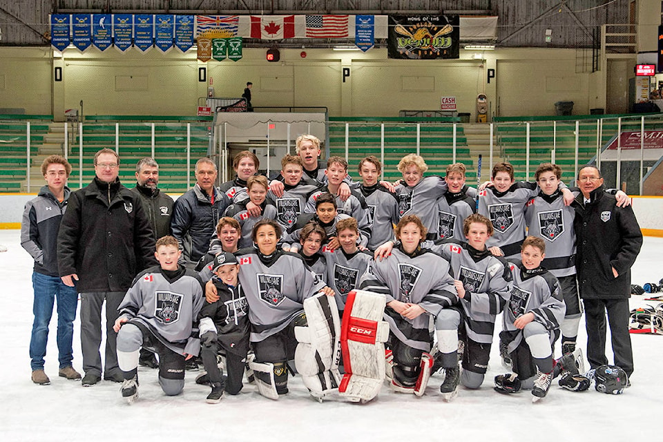 The Williams Lake Bantam Tier 2 Timberwolves: safety person Jaxon Passeri (back from left), assistant coach Troy Weil, assistant coach Brad Thomas, head coach Owen Thomas, Nathan Surette, Brady Wood, Blake Pigeon, Nolan Duff, Jackson Altwasser, Tristan Reid, Eli Schwaller, Aiden Fulton, Dustin Forester, Ian Foster, assistant coach Frankie Robbins, Landon Coombes (front from left), Boston Pierce, team ambassador Grady Mundle-Gudio, Darian Louie, Declan Pocock, Ajay Virk, Kyle Harding, Corey Harding, Carter Boomer, Lucas Pinette and, missing from photo, Ryan Rife, finished sixth out of 16 teams at last week’s Kamloops International Bantam Ice Hockey Tournament. (Erin Henderson photos)